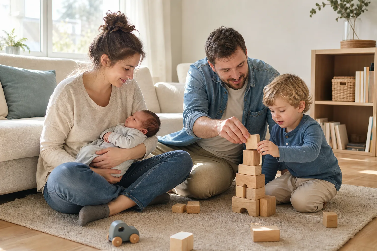 Familie mit Kleinkind und Neugeborenem verbringt Zeit im Wohnzimmer