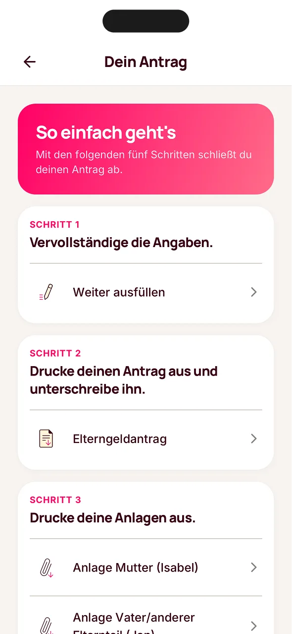Fertiger Elterngeldantrag mit Anlagen und persönlicher Checkliste
