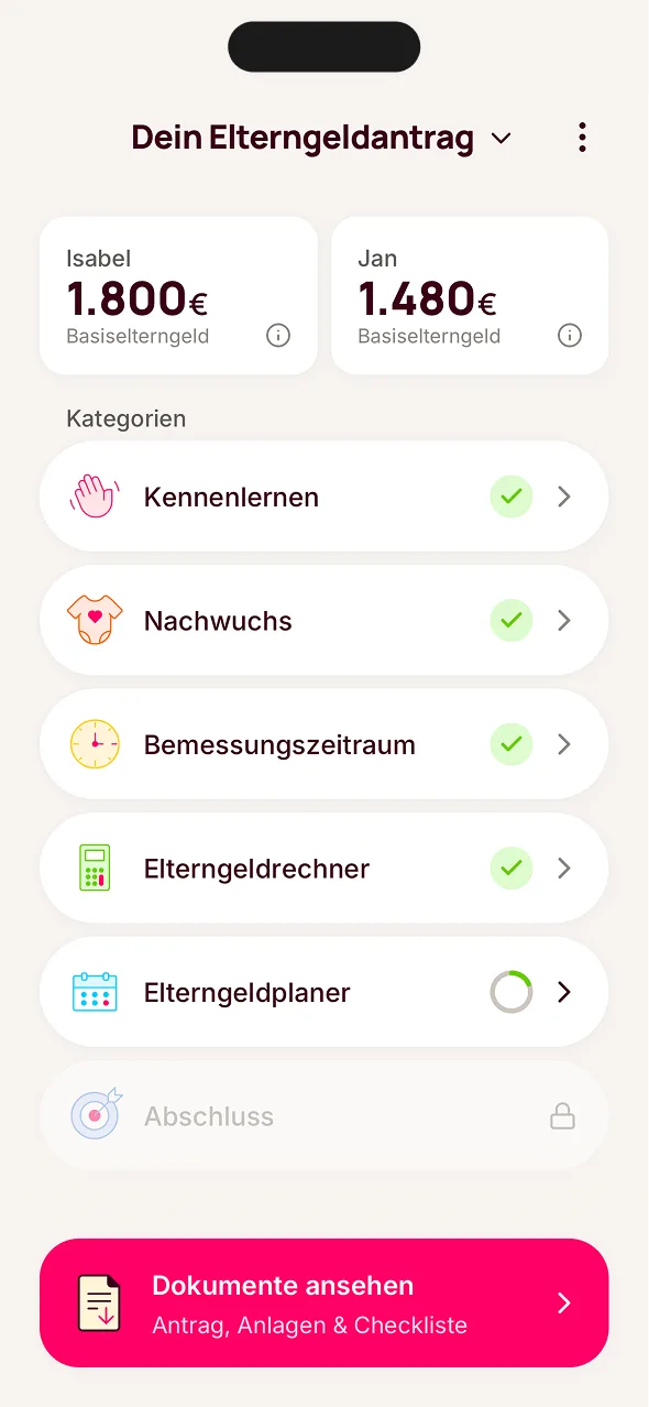 Dashboard der Elterngeld Buddy App mit Berechnung und Antragsschritten