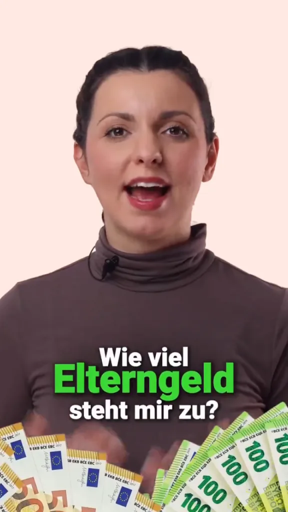 Paulina hält Geldscheine, daneben die Frage: Wie viel Elterngeld steht mir zu?